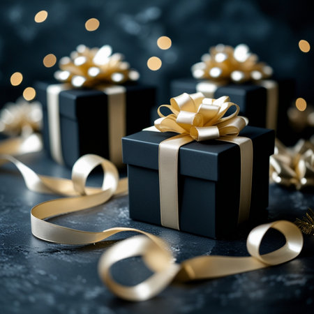 Black gift boxes with gold ribbons on dark background with bokeh effectの素材