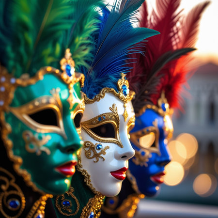 Traditional venetian carnival mask with feathers close-up.の素材