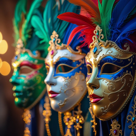 Traditional Venetian carnival masks, close-up view.の素材