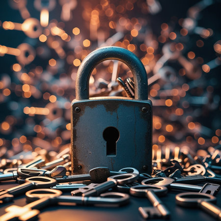 Padlock and many keys on a dark background. Security concept.の素材