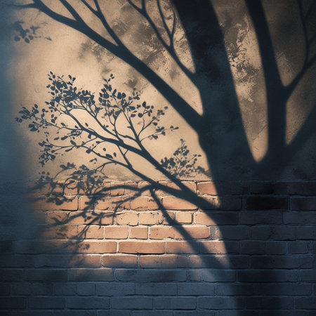 Silhouette of tree in front of a brick wall with shadowsの素材