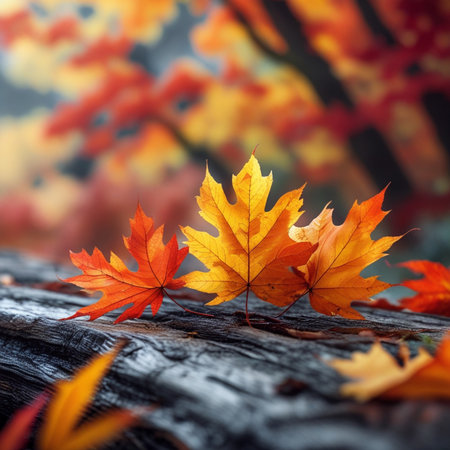 Autumn maple leaves on a tree stump in the forest. Autumn backgroundの素材