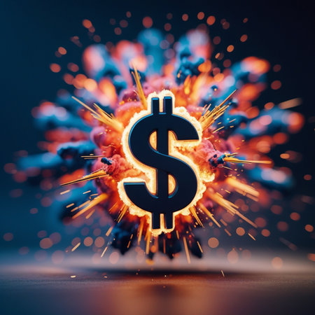 Dollar sign explosion on dark background. 3D Rendering.の素材
