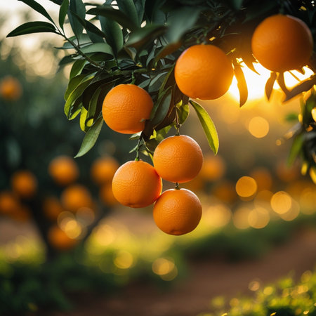 Ripe oranges on the tree in the orange orchard. Selective focus.の素材