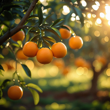 Ripe oranges on the tree in the garden at sunset. Selective focus.の素材