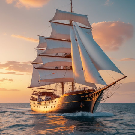 Clipper ship in the sea at sunset. 3D Renderingの素材