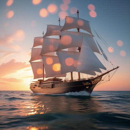 Sailing ship in the sea at sunset. 3d render.の素材