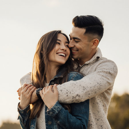 Young couple in love hugging and smiling while walking in the park.の素材