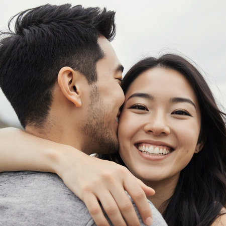 Portrait of a young Asian couple embracing each other in the parkの素材