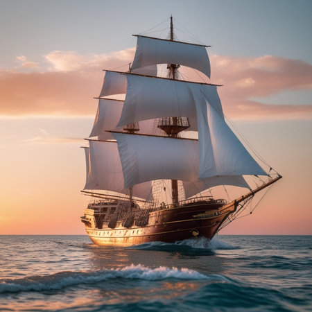 Sailing ship in the sea at sunset. 3d illustration.の素材