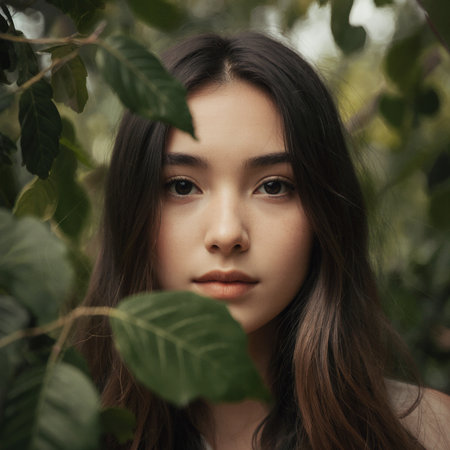 Portrait of a beautiful young brunette woman with long hair.の素材