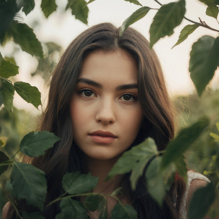 Portrait of a beautiful girl with green leaves in the garden.の素材