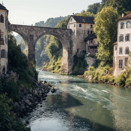 old stone bridge over the river in the city of Bern, Switzerlandの素材