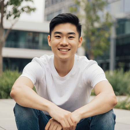 young asian man sitting on the ground in front of a modern buildingの素材