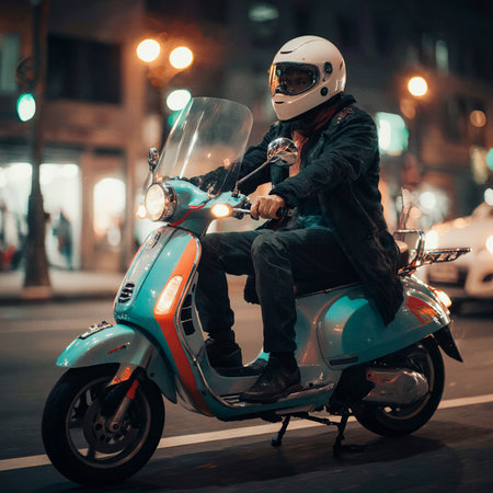 Young man riding a scooter in the city at night time.の素材