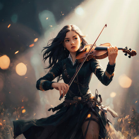 Beautiful girl in medieval dress playing the violin on a dark backgroundの素材