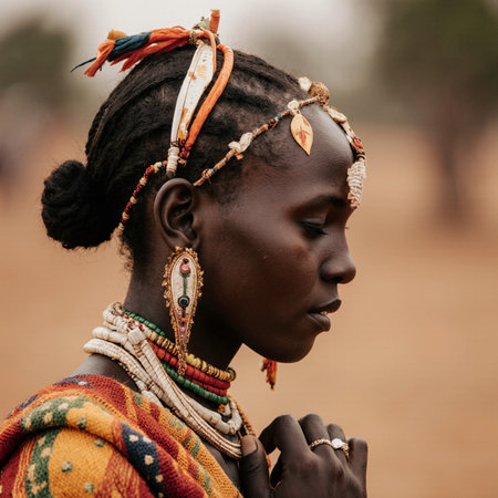 Unidentified Togolese girl in colored clothes at the Lome fetish market. Togo people suffer from poverty due to the bad economyの素材