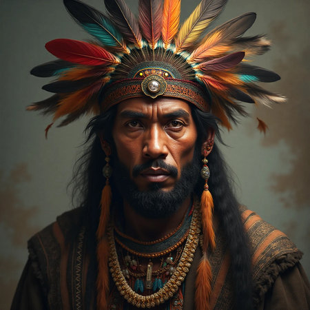 Portrait of a bearded Indian man in a headdress with feathers.の素材