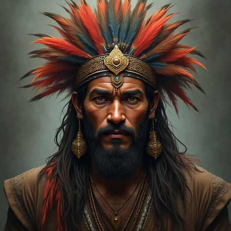 Portrait of a handsome Indian man in a headdress with feathers.の素材