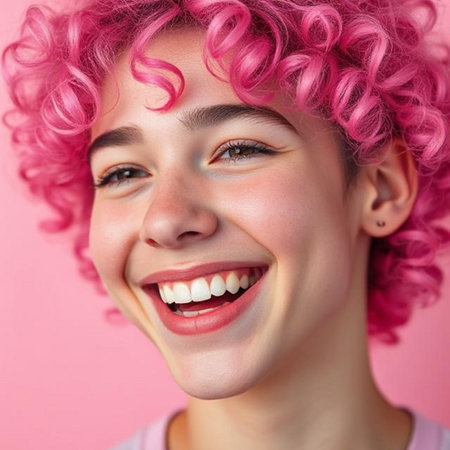 Close up portrait of a beautiful young woman with pink hair on a pink backgroundの素材