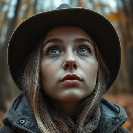 Portrait of a beautiful girl in a hat in an autumn forest.の素材