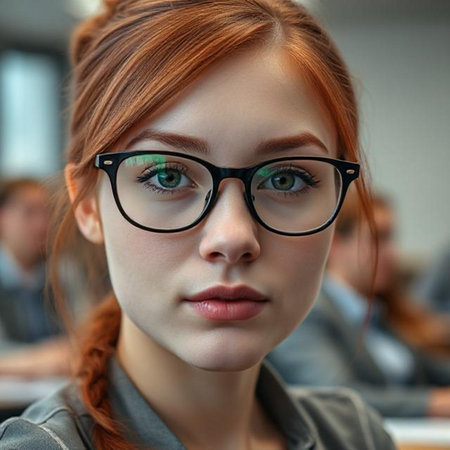 Portrait of a red-haired girl with glasses in the classroom.の素材