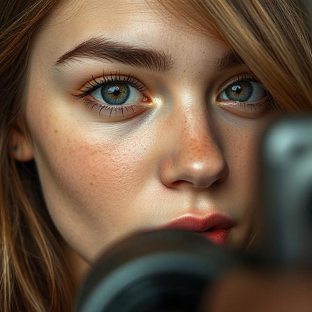 Close up portrait of a beautiful girl with a camera in her handの素材