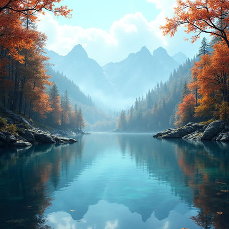 Beautiful autumn landscape with mountain lake and colorful forest. Artistic style.の素材