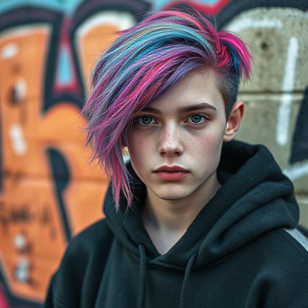 Portrait of a beautiful girl with pink hair and blue eyes on a graffiti backgroundの素材