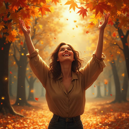 Happy woman in autumn park. Beautiful girl in the autumn forest.の素材