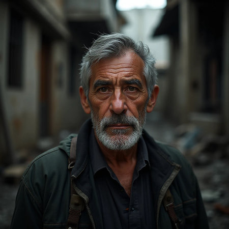 Portrait of an old man with a gray beard in an abandoned buildingの素材