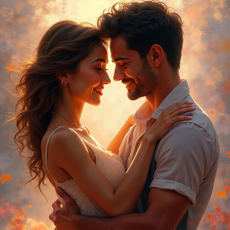 Beautiful couple in love. A man and a woman are hugging and kissing.の素材