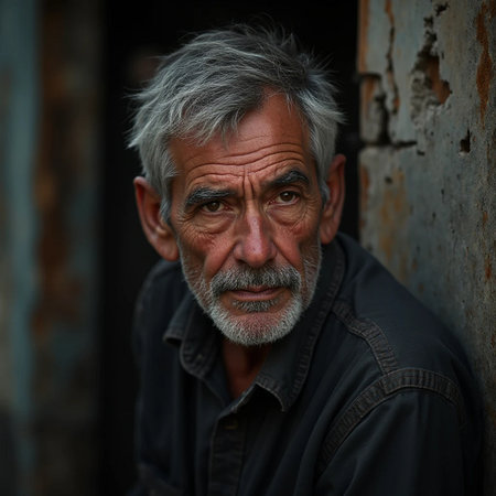 Portrait of an old homeless man in front of a rusty doorの素材