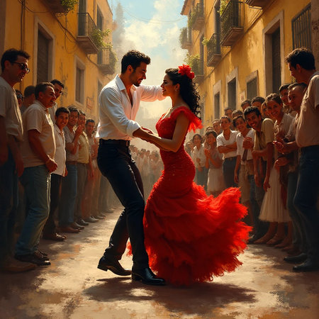 Couple dancing flamenco in the old town of Sevilleの素材
