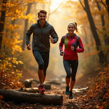 Young couple jogging in autumn forest. Health and fitness concept.の素材