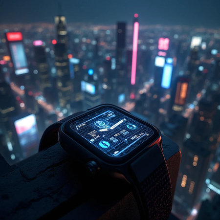 Smart watch with cityscape in the background at night, close upの素材