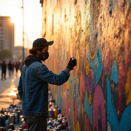 A young man with a beard in a black cap and a blue denim jacket paints graffiti on the wall in the city at sunset.の素材