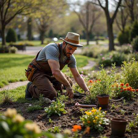 Male gardener planting flowers in the garden. Gardening concept.の素材