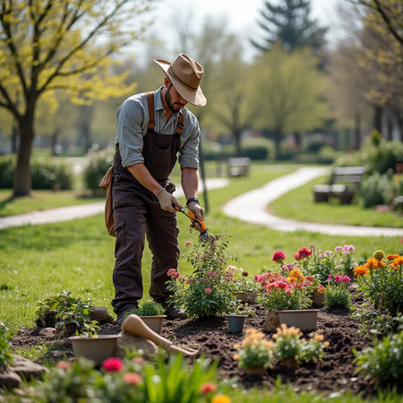 gardening, planting, agriculture and people concept - senior man in hat working in gardenの素材
