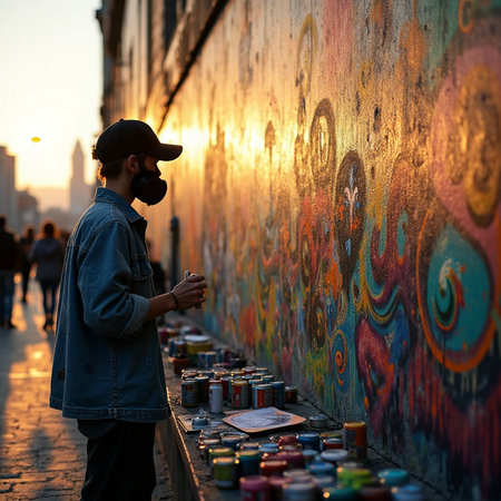 A street artist paints graffiti on a wall in New York City.の素材