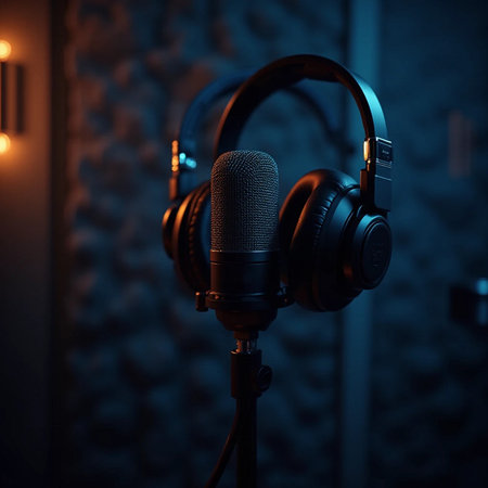 Audio recording studio. Headphones and microphone on a dark background.の素材