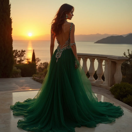 fashion outdoor photo of beautiful woman with dark hair in luxurious dress posing in luxurious villaの素材