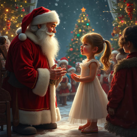 Santa Claus with a little girl at the Christmas tree. New Year.の素材