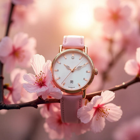 wristwatch on the background of pink cherry blossoms in springの素材