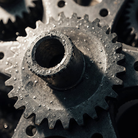 Close up of old rusty gear wheels. Selective focus. Toned.の素材