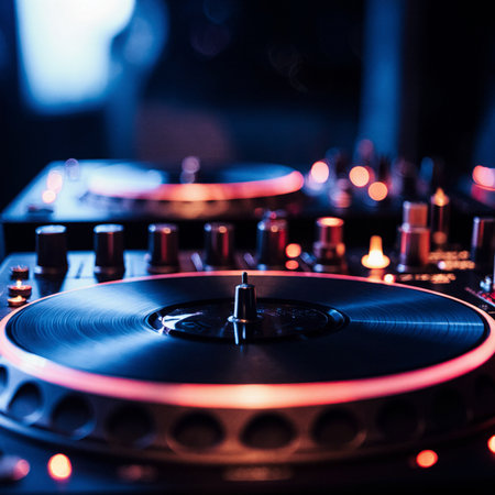 Dj mixer turntable with vinyl record in nightclub close upの素材