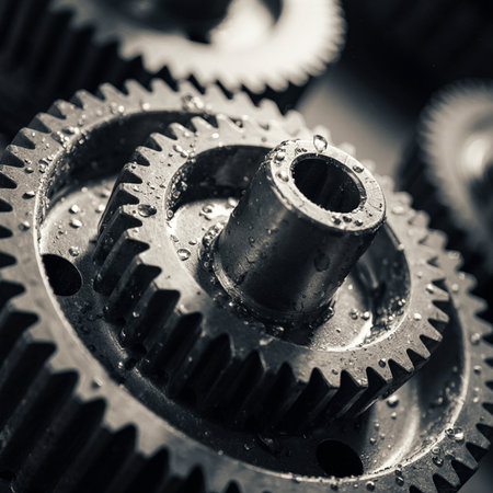 Close up of metal gear wheels. Shallow depth of field.の素材