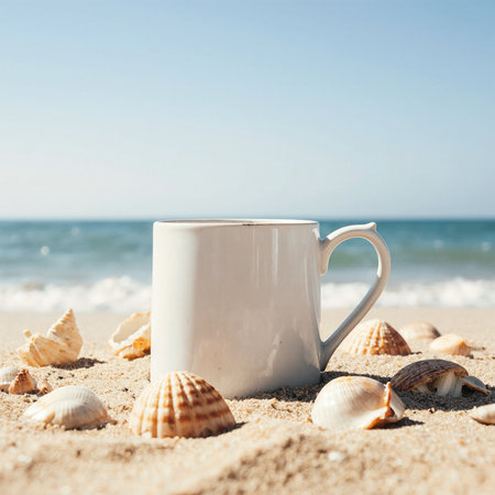 Cup of coffee and seashells on the beach. Vacation conceptの素材