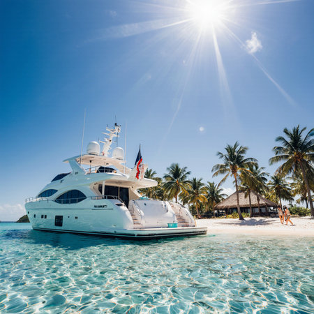 Luxury yacht on tropical beach with palm trees and blue skyの素材