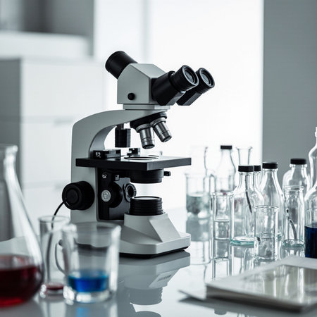 Microscope and test tubes on laboratory table. Scientific research and development conceptの素材